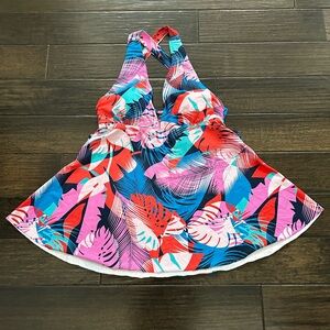 Suzanne Betro Tankini Top Womens 1X Tropical Print Flare Skirt Criss Cross Back